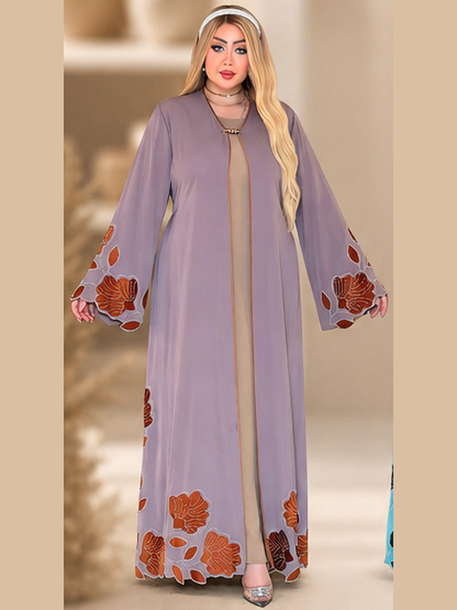 Abaya Ouverte Brodée – Mauve