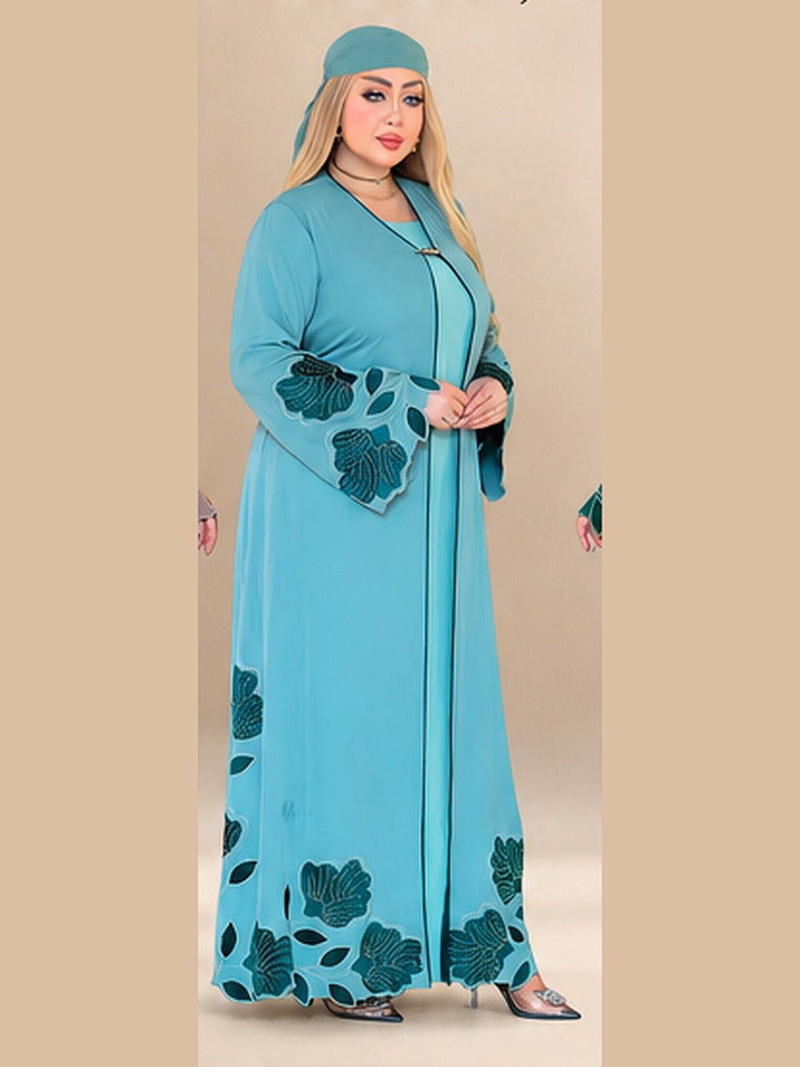 Abaya Ouverte Brodée – Vert d'eau