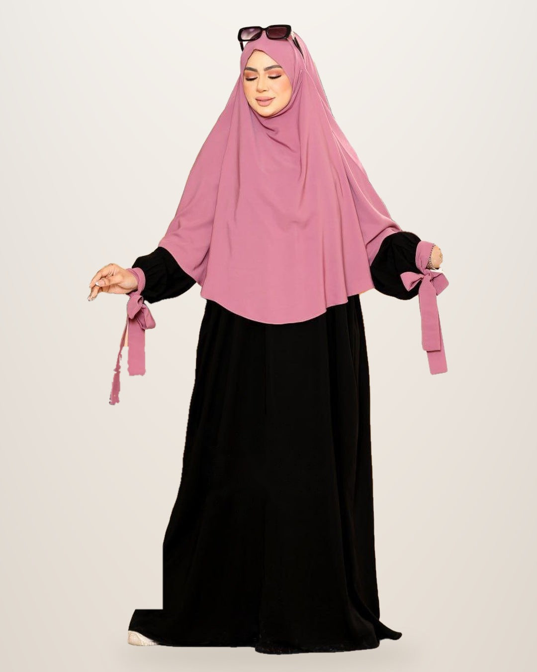 Ensemble abaya noire et khimar rose