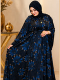 Abaya Fleurie à Ceinture – Bleu