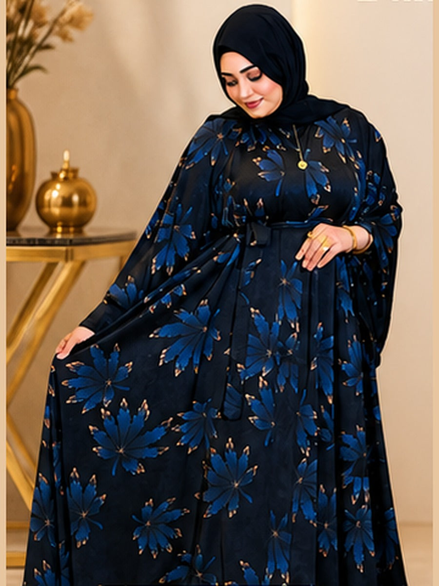Abaya Fleurie à Ceinture – Bleu