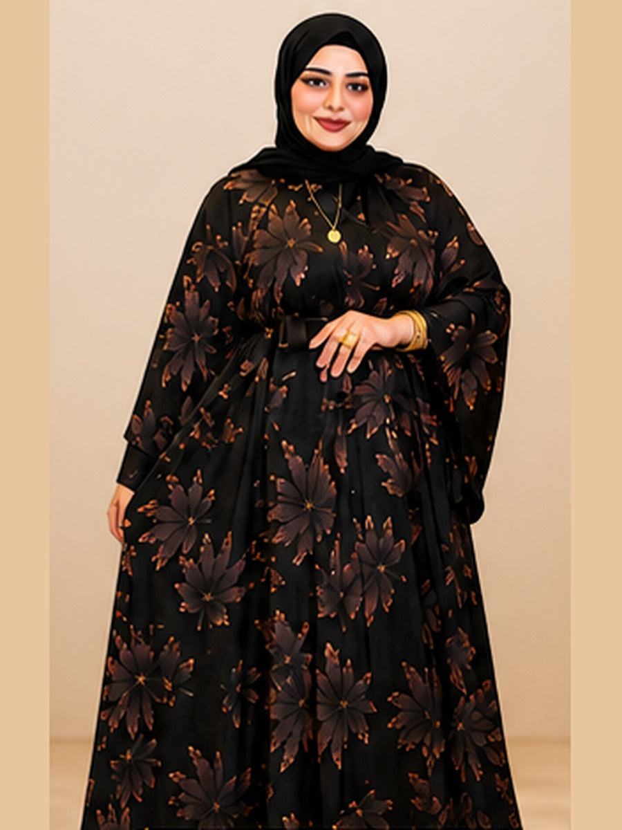 Abaya Fleurie à Ceinture – Marron