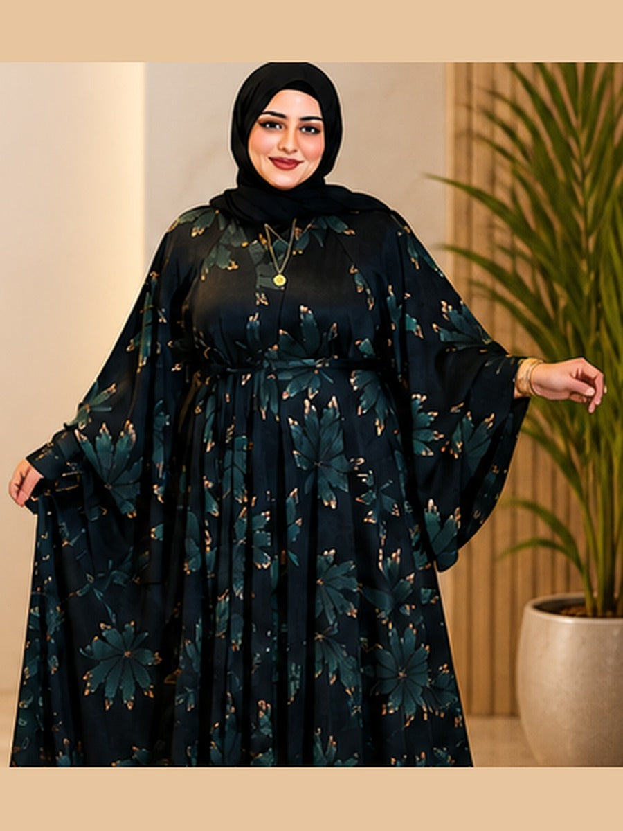 Abaya Fleurie à Ceinture – Vert